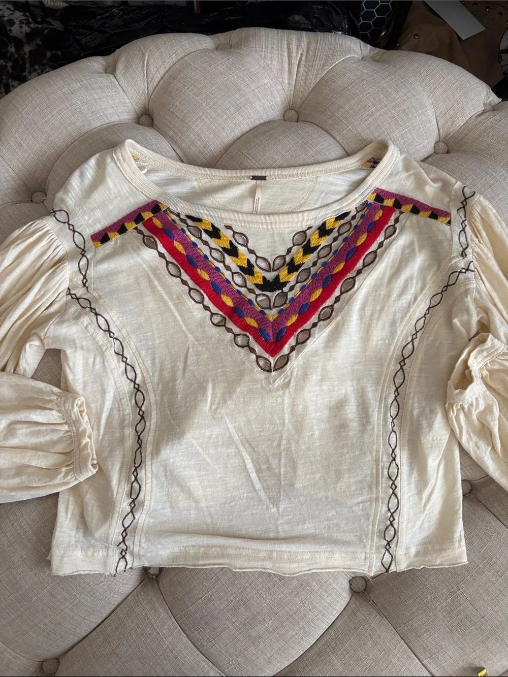 Free People Cream Blouse with Multicolor Embroidery NWOT